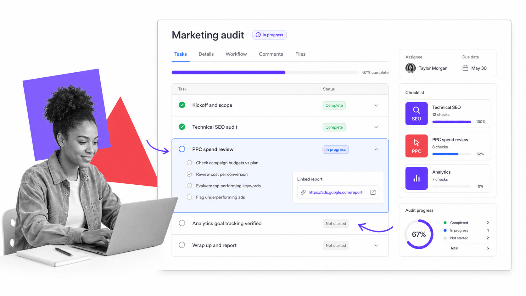 Process Street marketing audit workflow run with technical SEO, PPC spend review, and analytics tasks