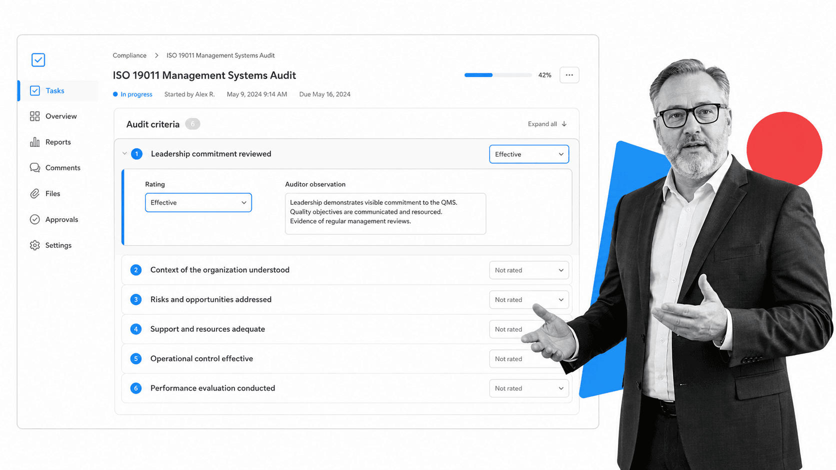 Process Street ISO 19011 management systems audit workflow run with a leadership commitment task and an effectiveness rating