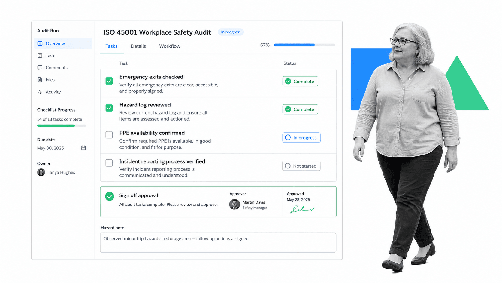 Process Street ISO 45001 workplace health and safety audit workflow run with safety checks and a sign-off approval