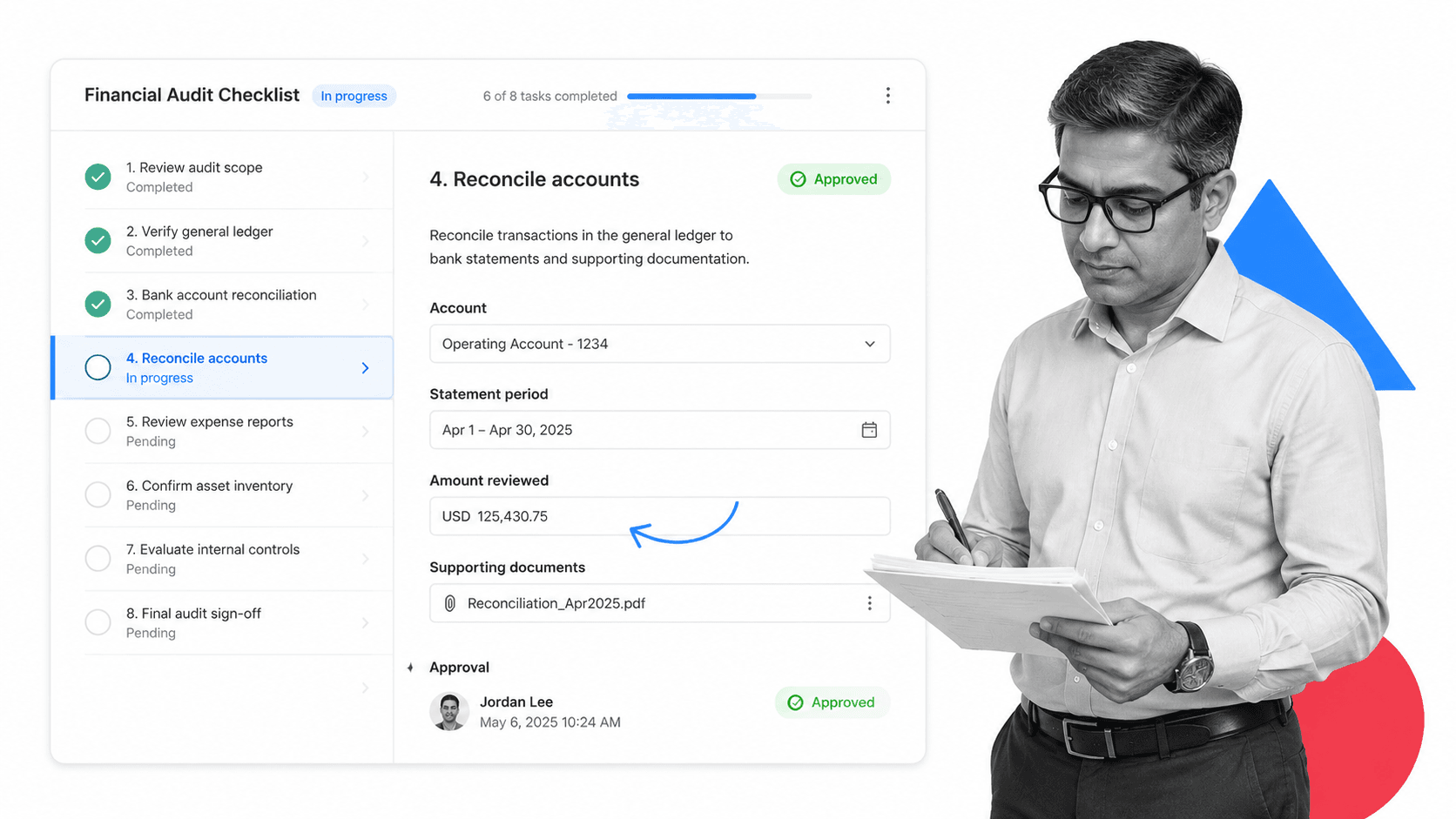 Process Street Financial Audit Checklist workflow run showing a reconciliation task with an Amount reviewed field and an Approved status