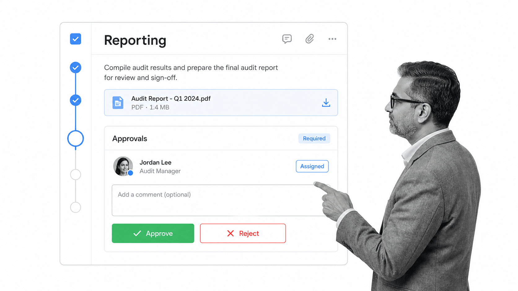 Process Street approval panel on an audit reporting task with approve and reject buttons.