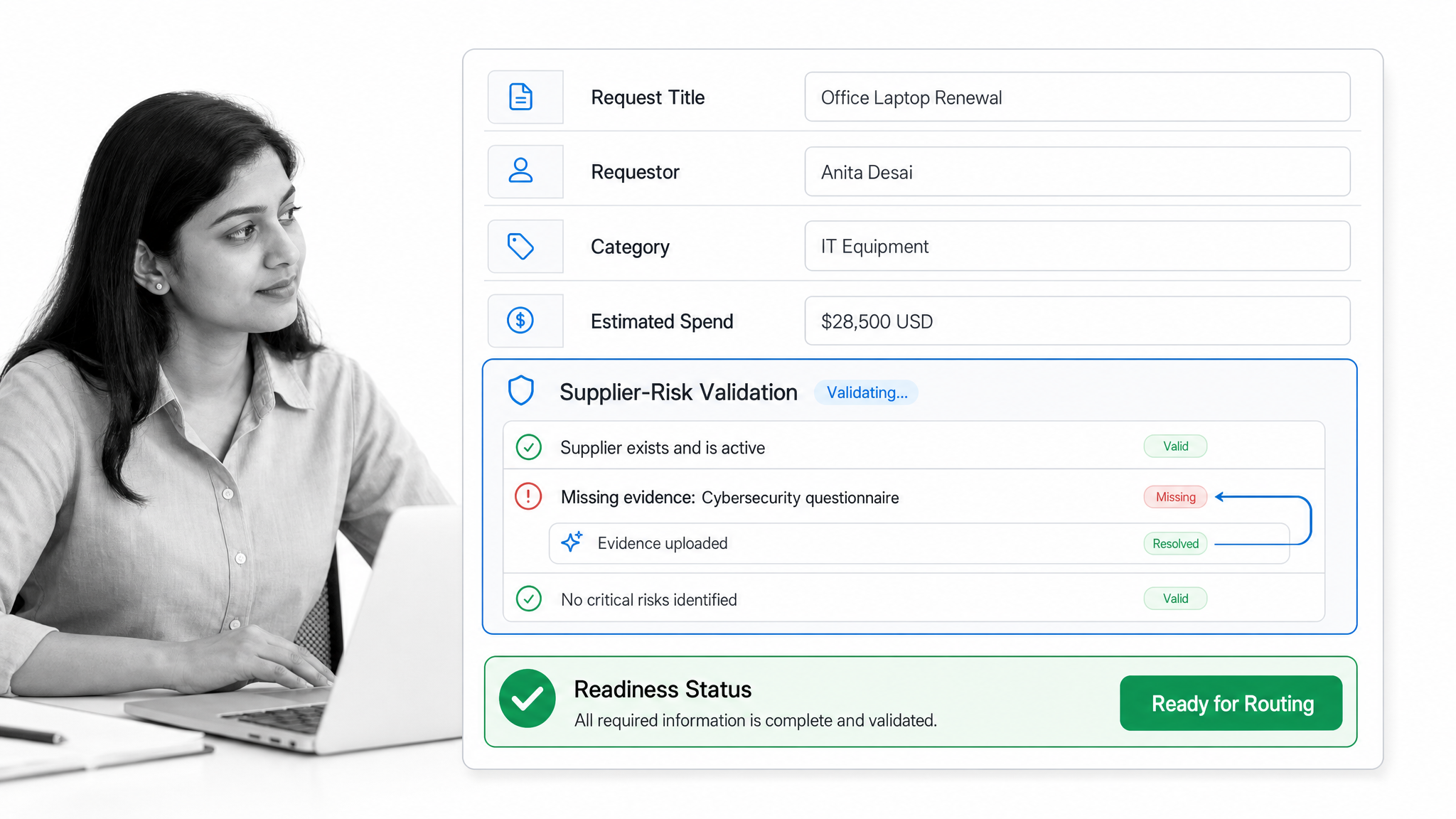 Procurement coordinator validating a structured purchase request before automated approval routing