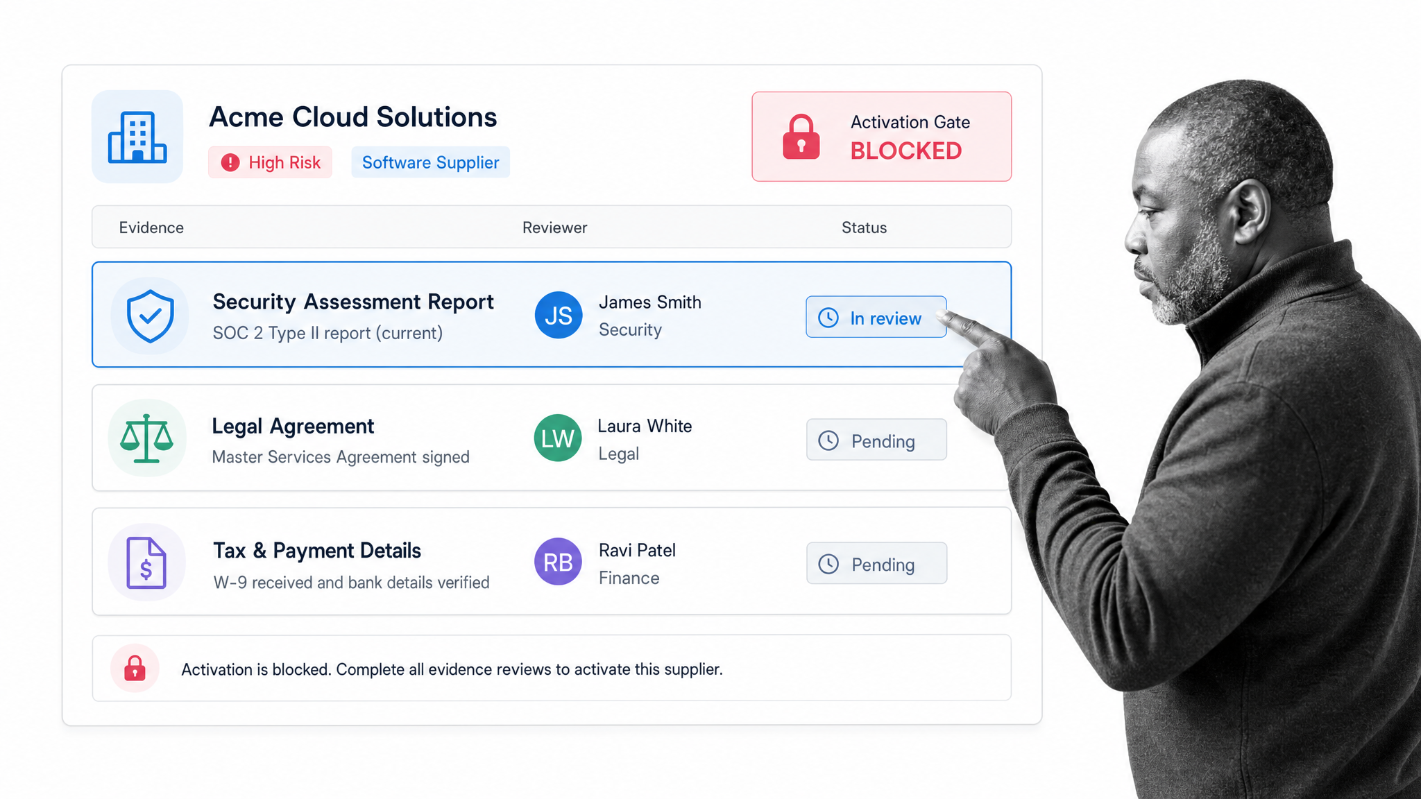 Procurement and security reviewers completing supplier due diligence before vendor activation
