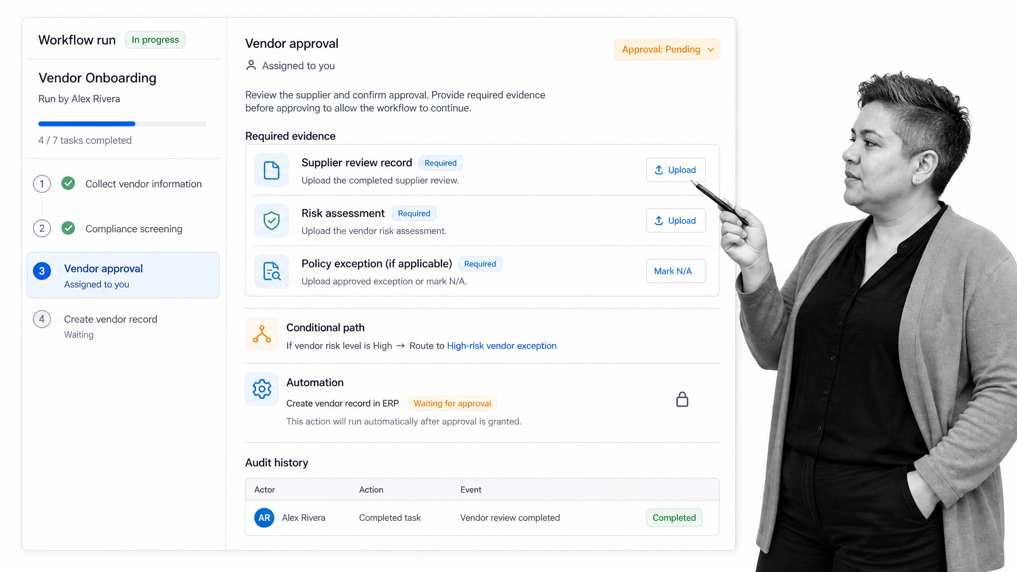 Process Street vendor approval workflow with required evidence and controlled automation