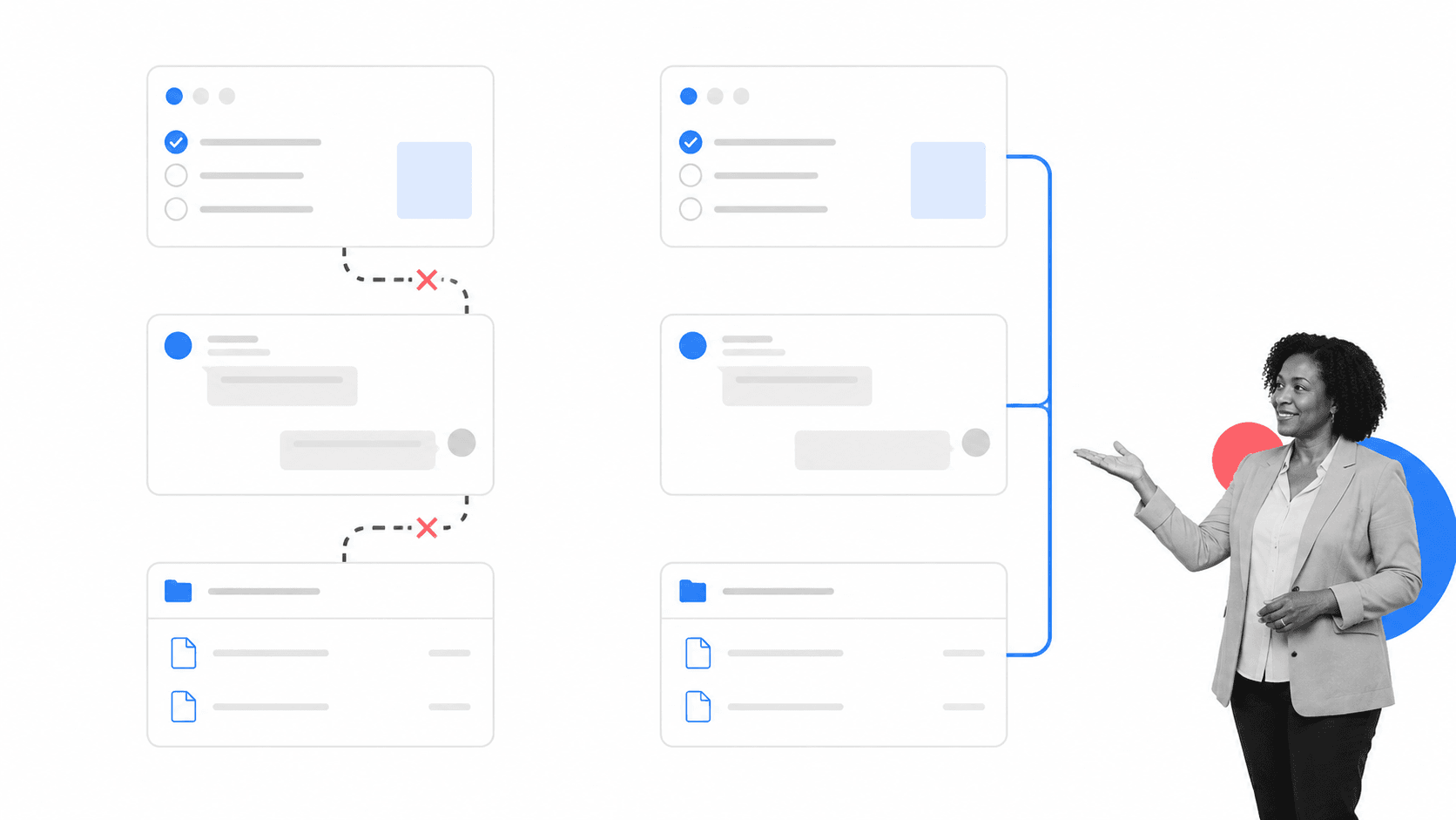 Project lead comparing disconnected tools with one connected workflow