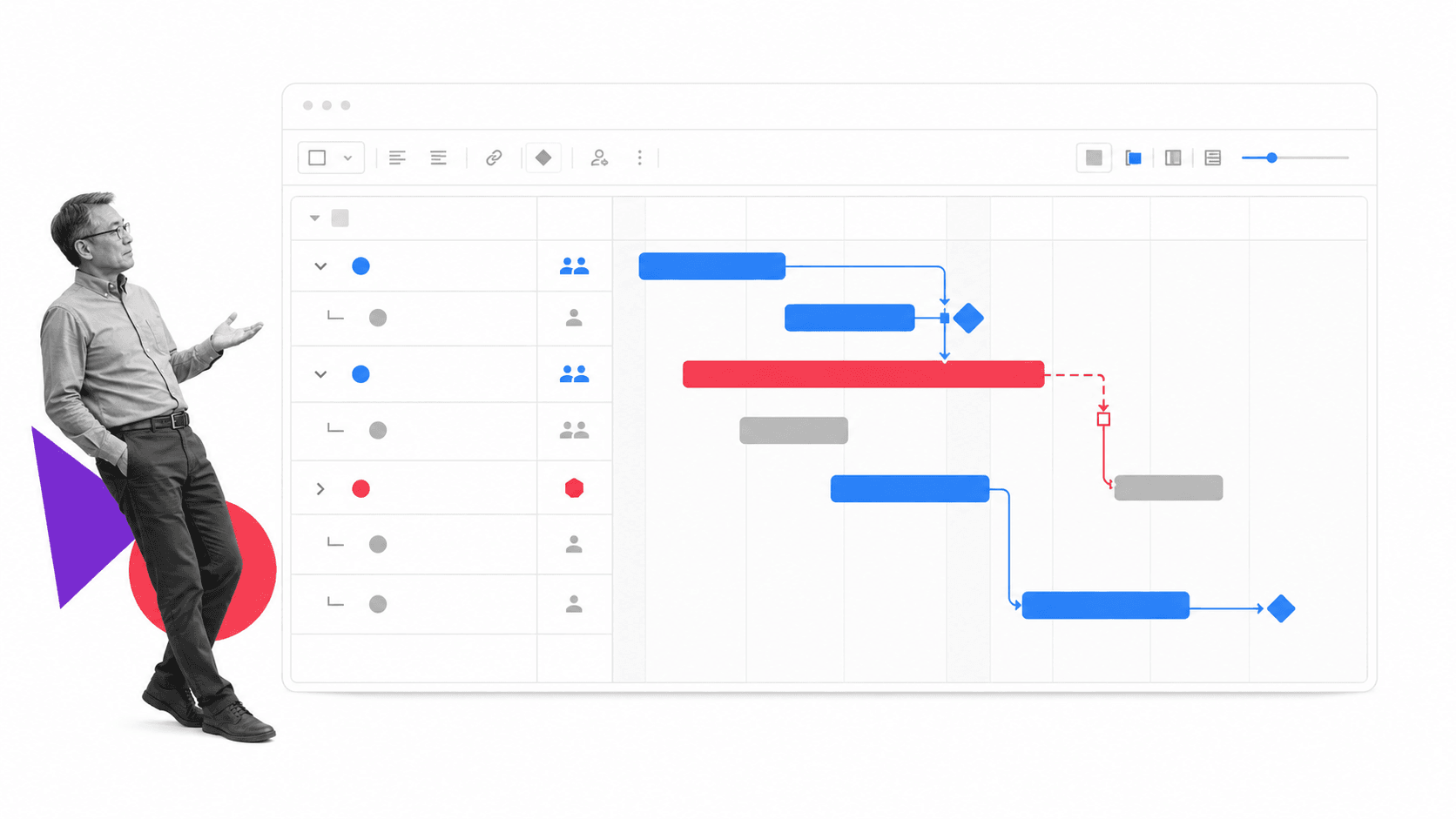 Project lead reviewing dependencies on a light project timeline