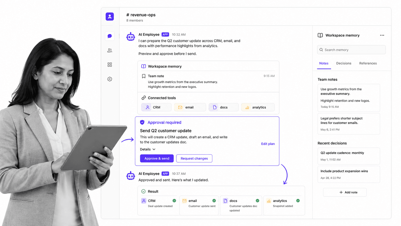 Dash AI ops tool product UI for Teams that want an approval-first AI ops tool in Slack and Microsoft Teams