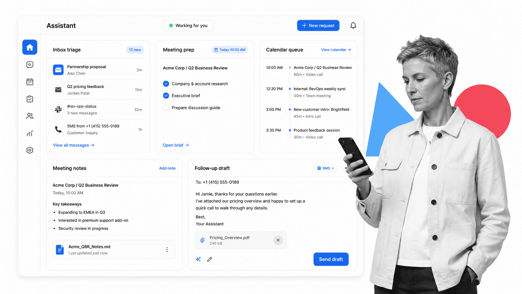 Lindy AI ops tool product UI for Assistant-style delegation across inboxes, meetings, calendars, and messages