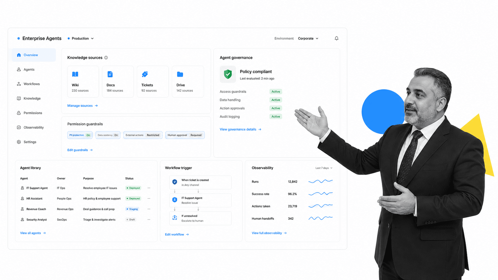 Glean Agents AI ops tool product UI for Enterprises that need AI ops tools grounded in company knowledge and permissions