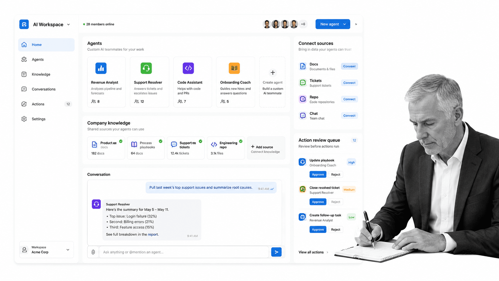 Dust AI ops tool product UI for Teams that want a shared AI workspace for custom agents and company knowledge