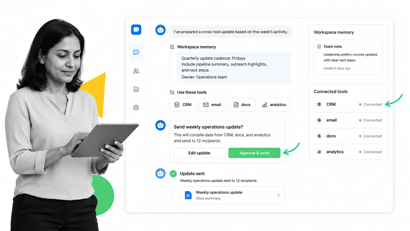 Dash AI workflow tool product UI for Teams that want an approval-first AI workflow tool in Slack and Microsoft Teams