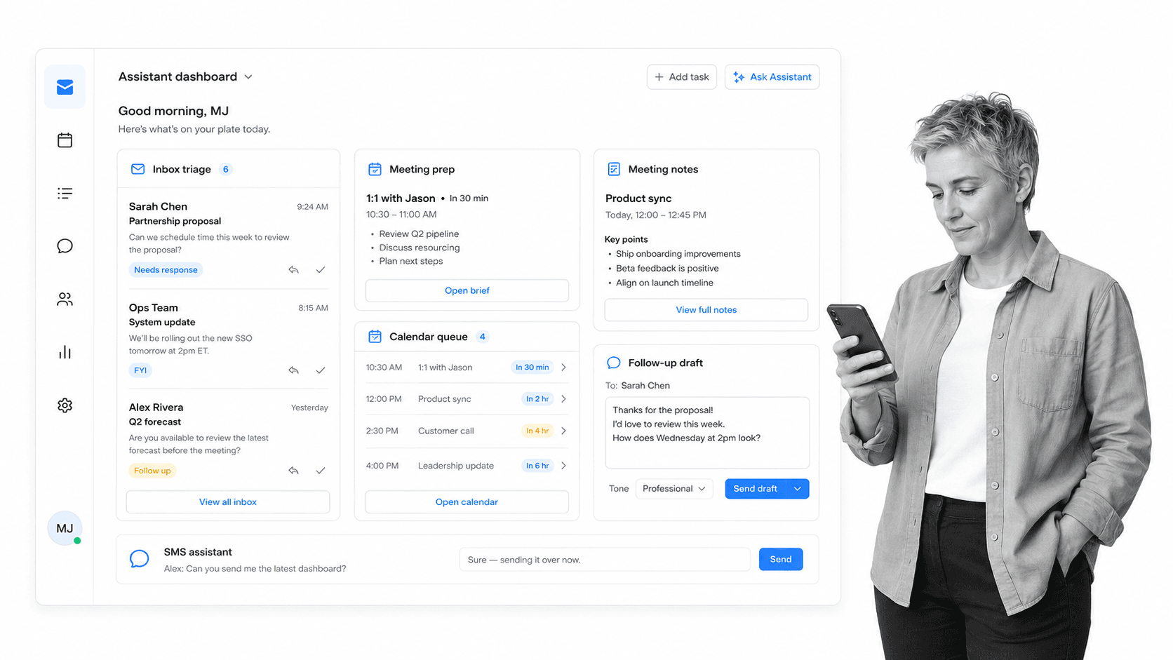 Lindy AI workflow tool product UI for Assistant-style delegation across inboxes, meetings, calendars, and messages