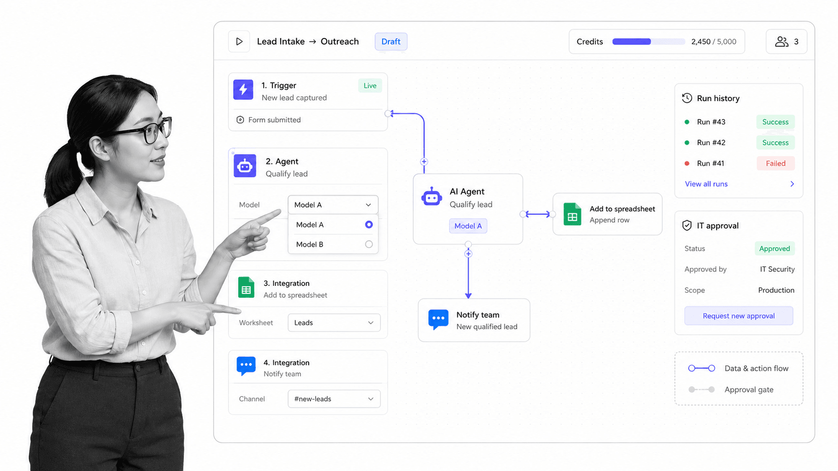 Gumloop AI workflow tool product UI for Operations teams building visual AI workflows and agents with IT controls