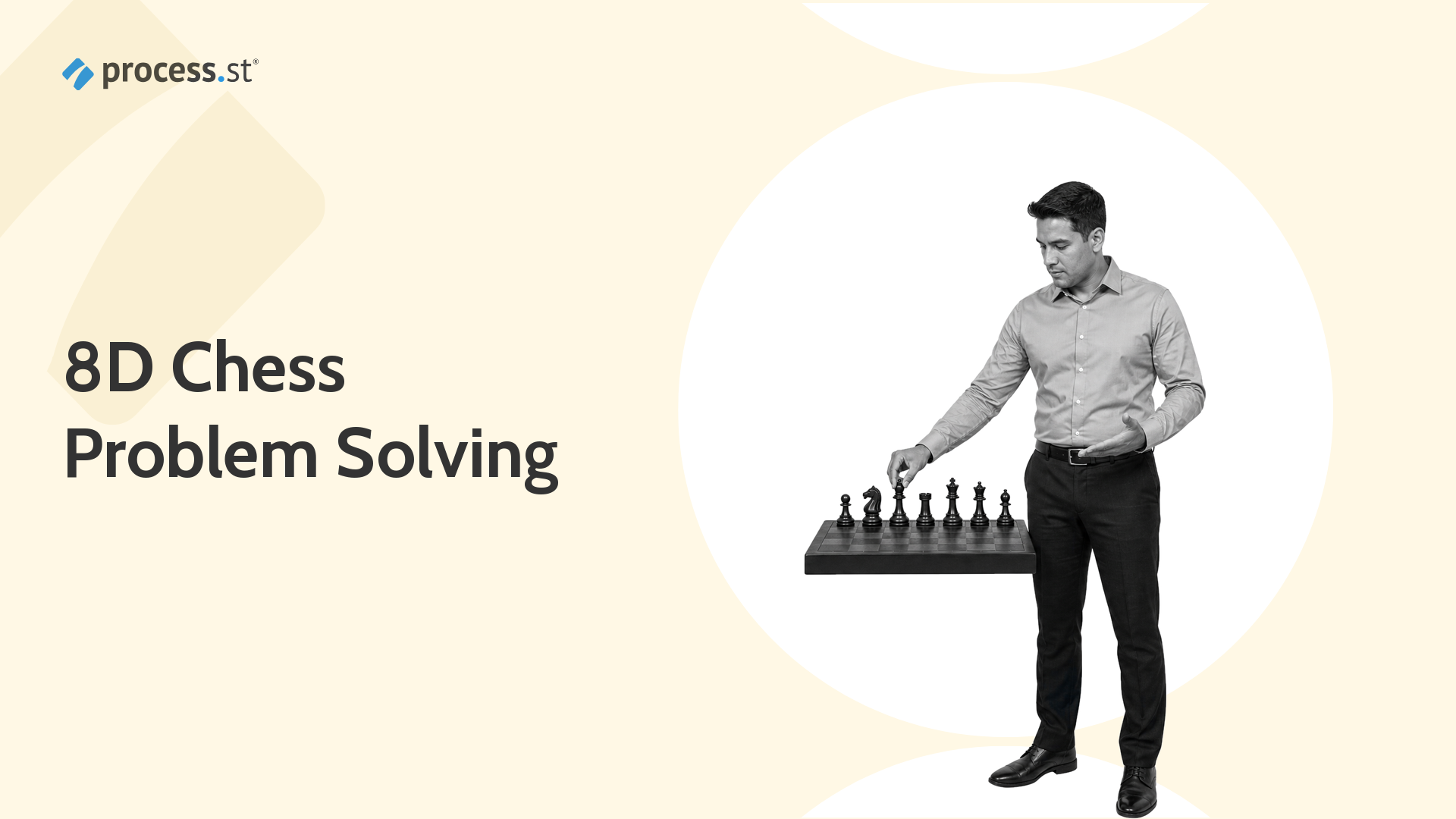 Black-and-white quality operations lead moving a chess piece on an eight-piece problem-solving board.