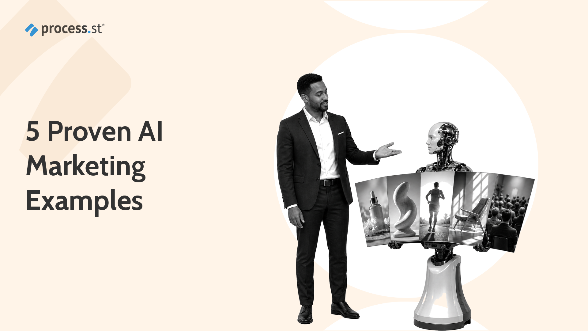A marketing strategist presents five campaign examples generated by an AI robot