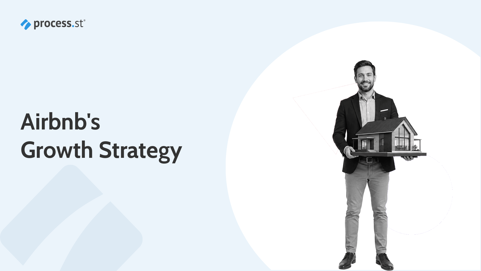 Black-and-white photo of a business strategist presenting a scale model of a modern short-stay house, illustrating Airbnb's growth strategy