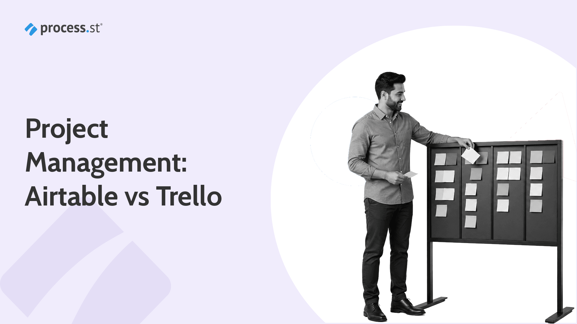 A project manager placing task cards on a freestanding kanban board, illustrating an Airtable vs Trello comparison for task and project management