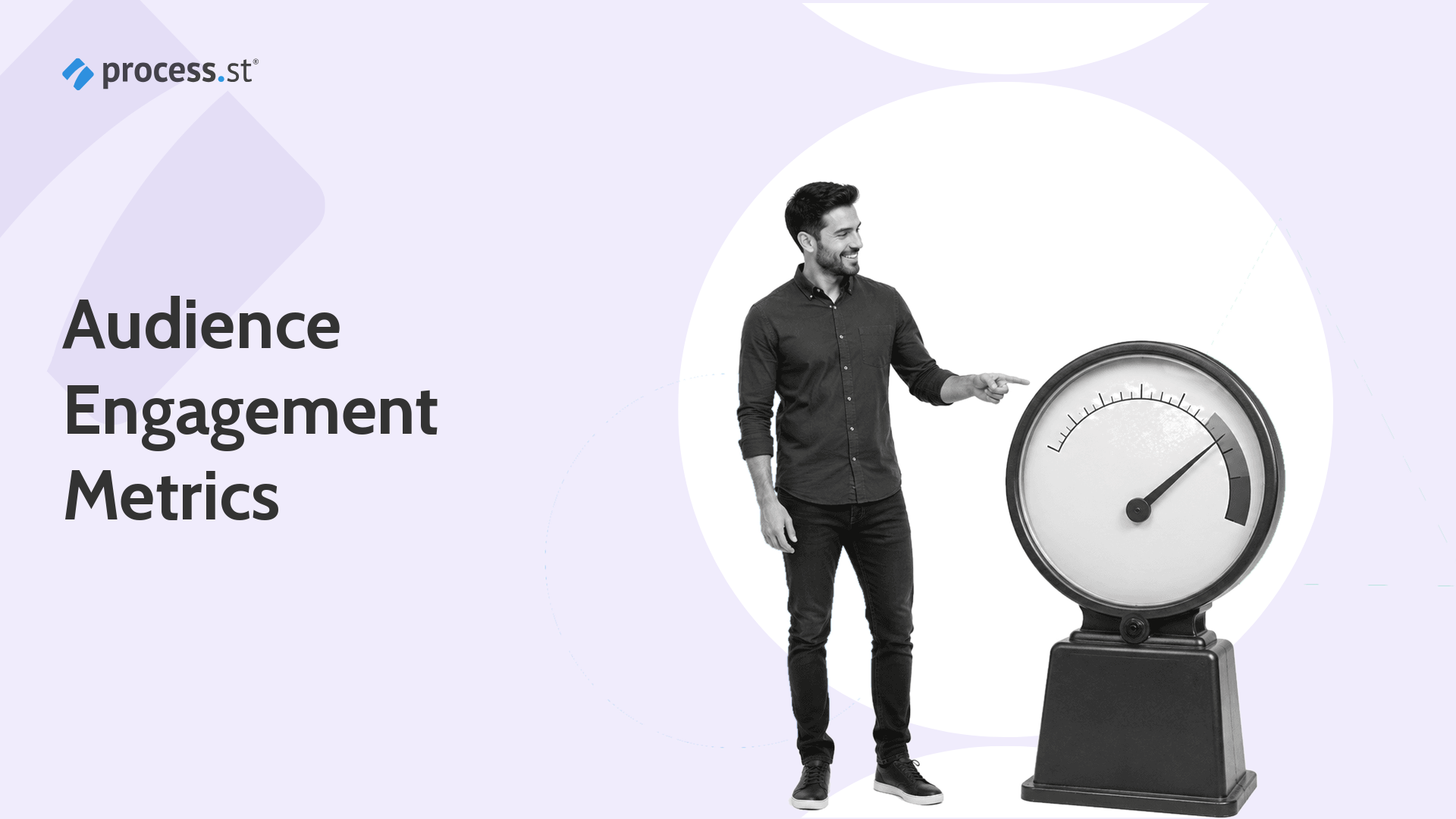 Black and white illustration of a content strategist reading a rising audience engagement response meter