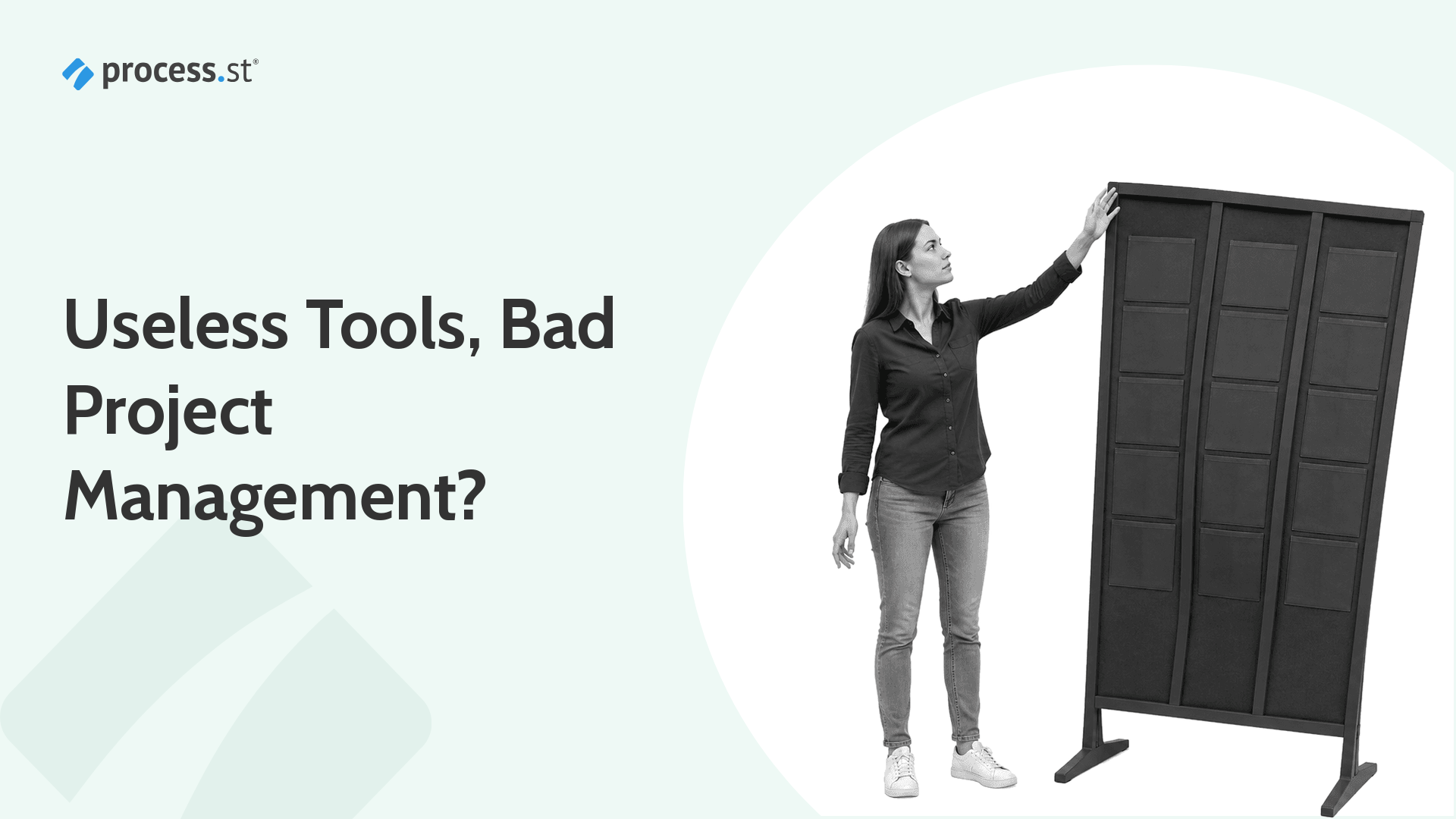 Project lead inspecting a warped Kanban board that represents bad project management tools