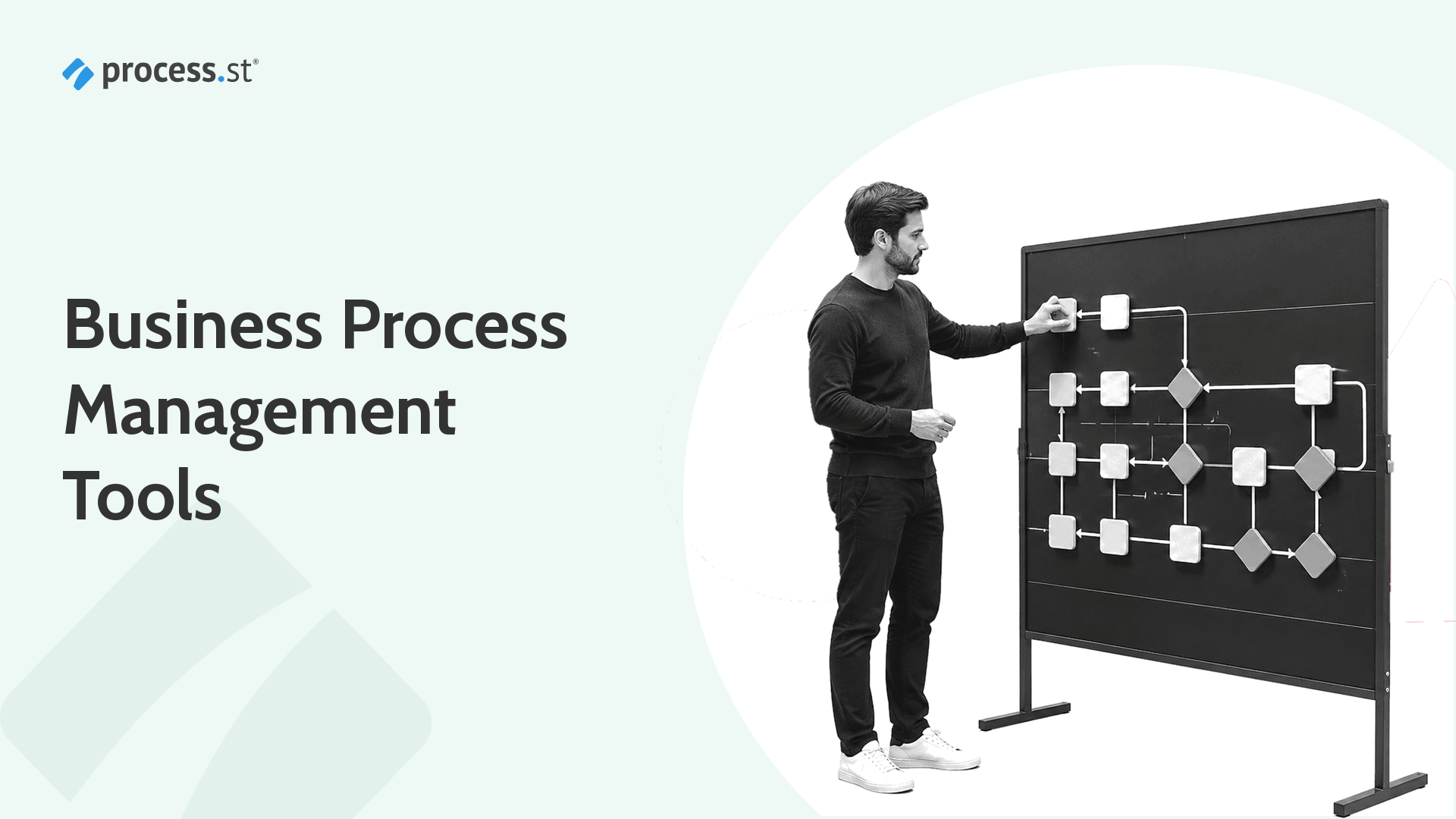 Business process management tools illustration: a person mapping a connected company workflow on a process-routing board
