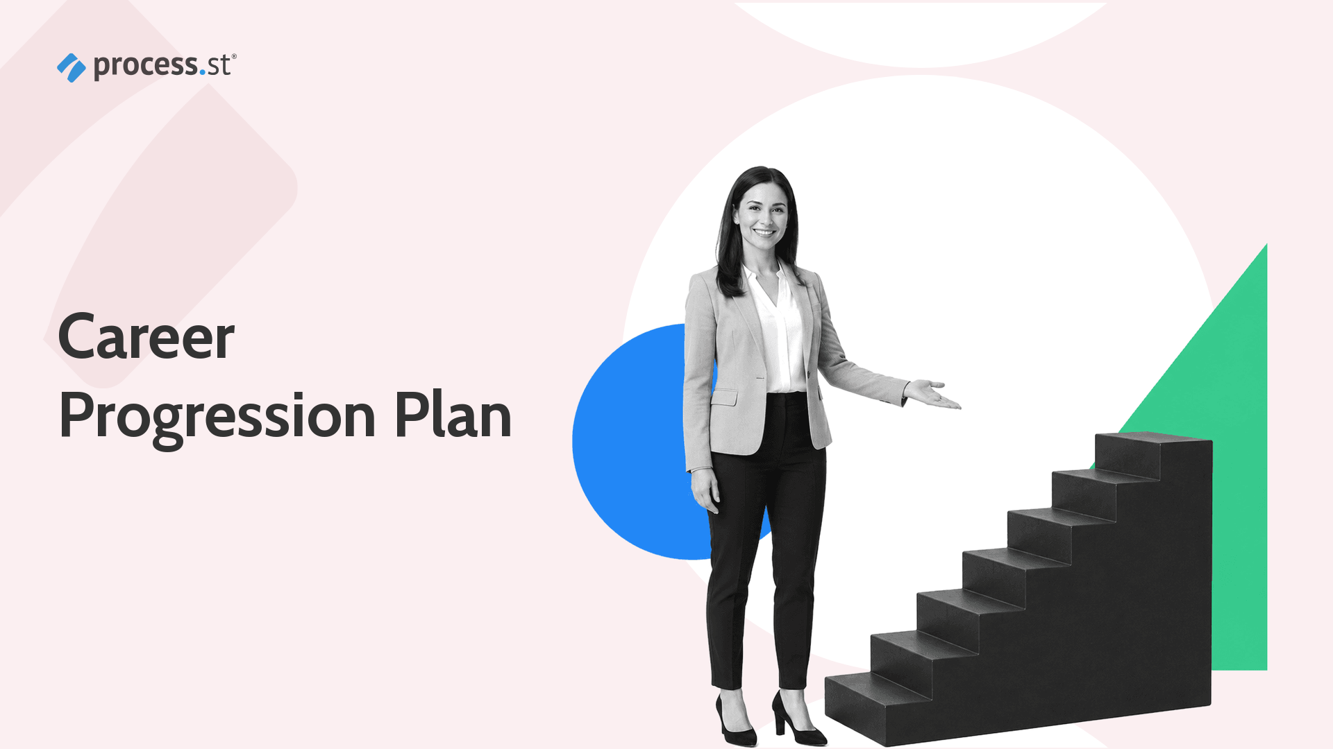 Black and white HR manager presenting a stair-step model for a career progression plan.
