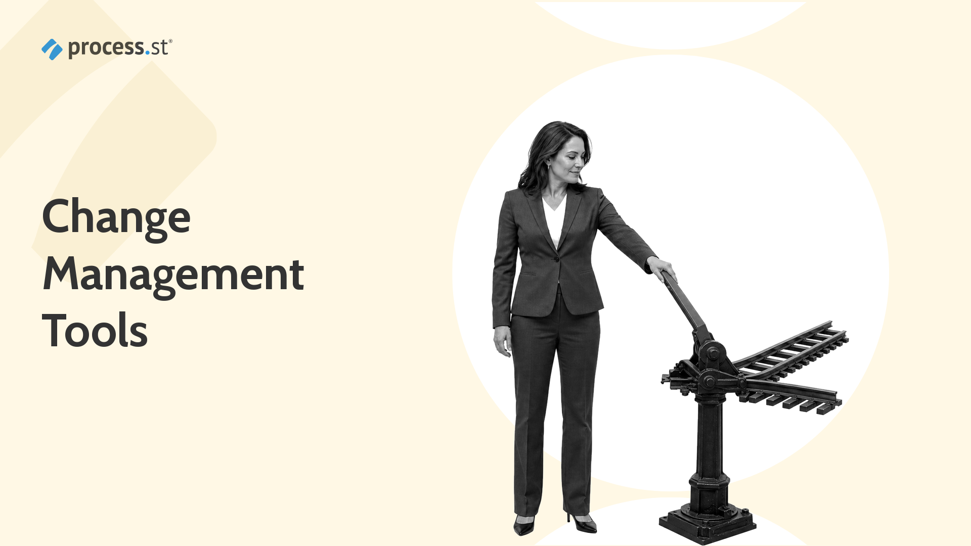 Change operations leader directing a railway switch with change management tools
