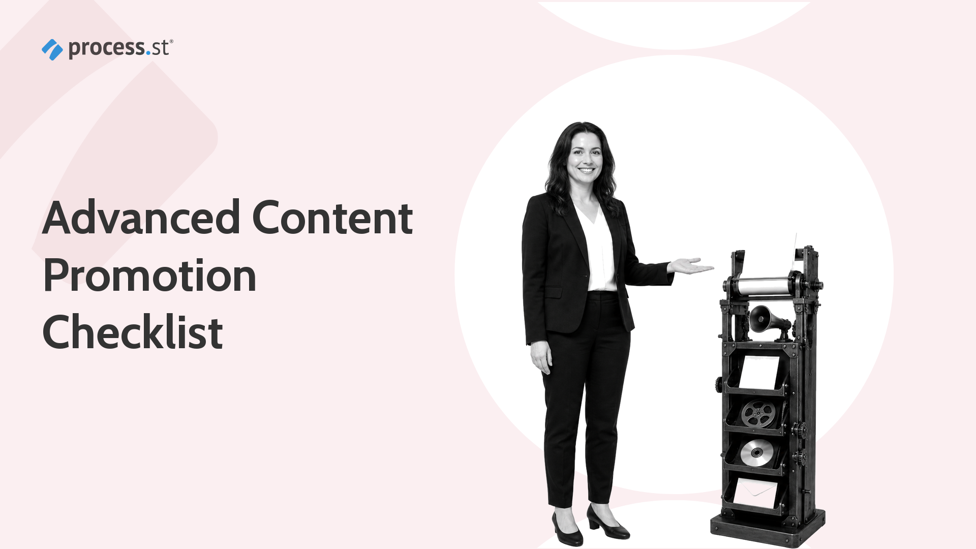 Content operations manager beside a multiformat printing press for an advanced content promotion checklist