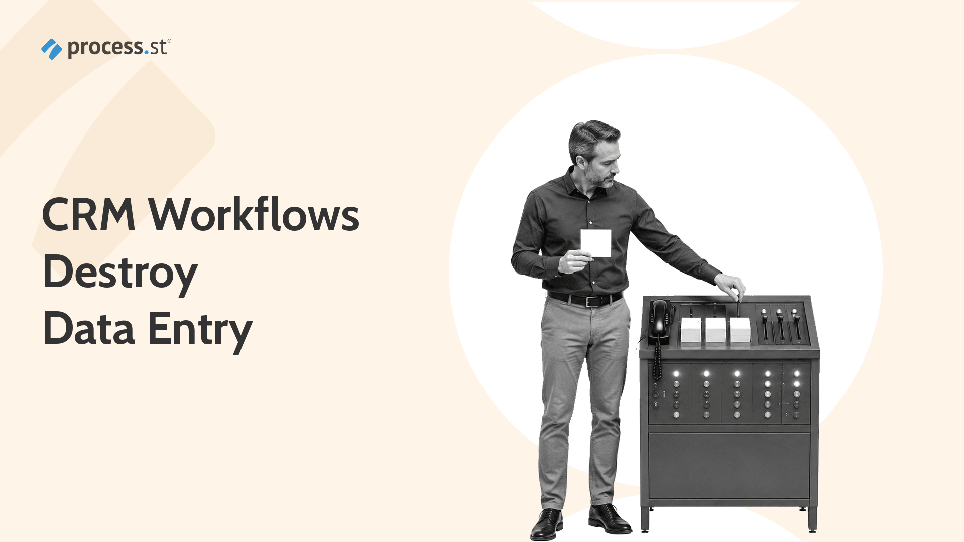 Sales operations manager using a miniature sales follow-up control panel to represent CRM workflow automation.