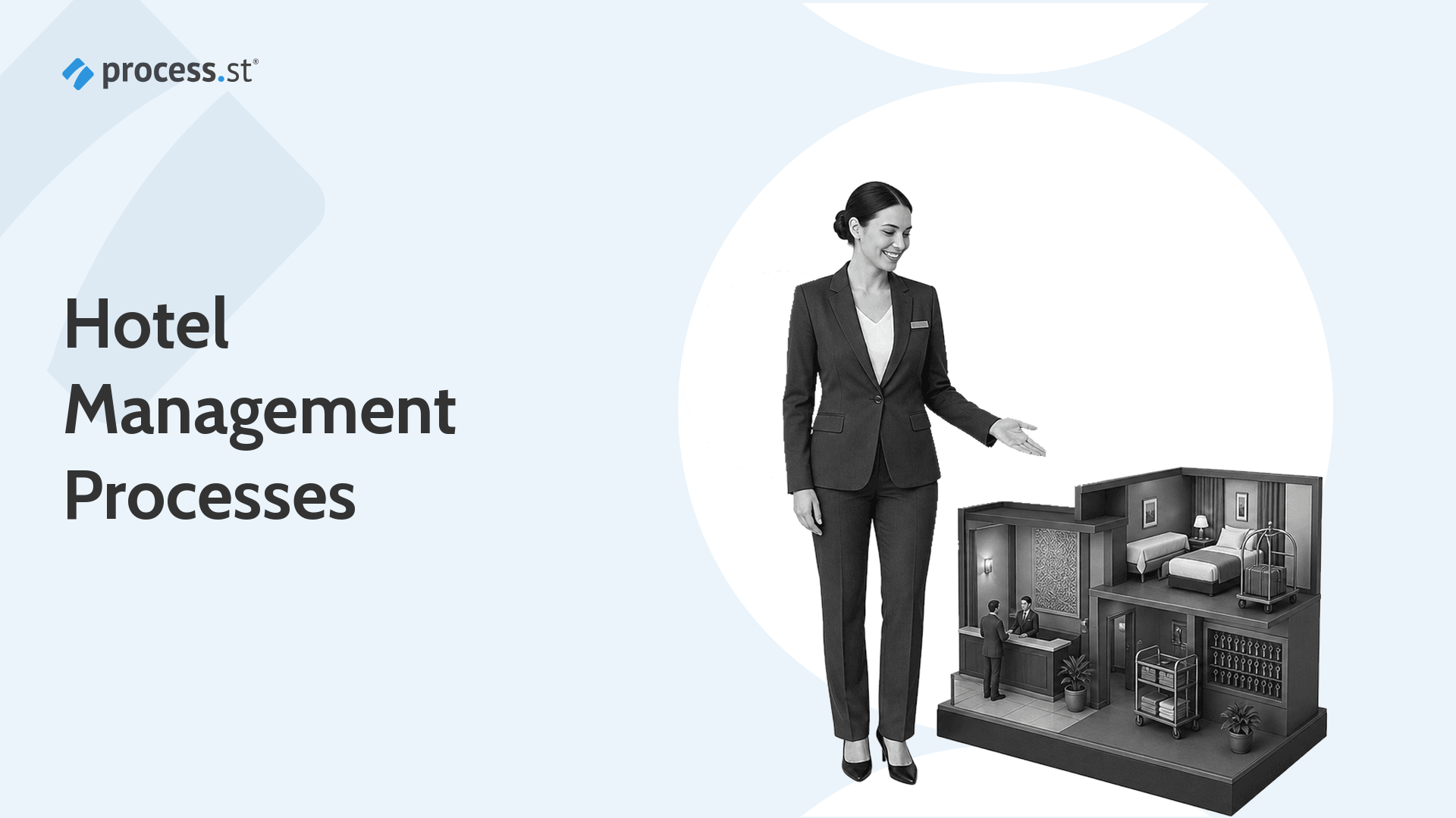 Black-and-white hotel operations manager presenting a miniature hotel operations model.