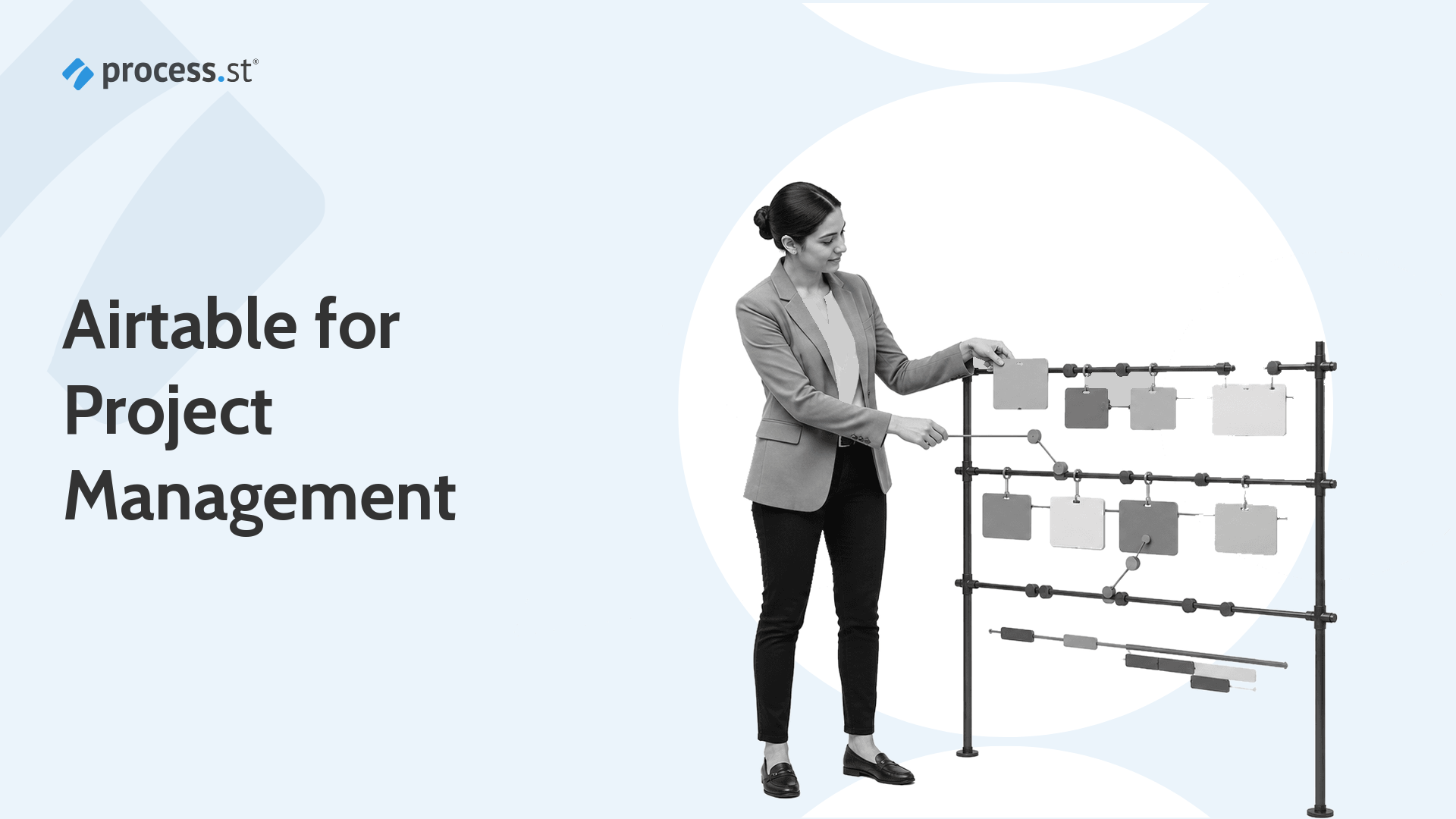 How to use Airtable for project management hero with a project lead arranging linked task records on a modular planning frame