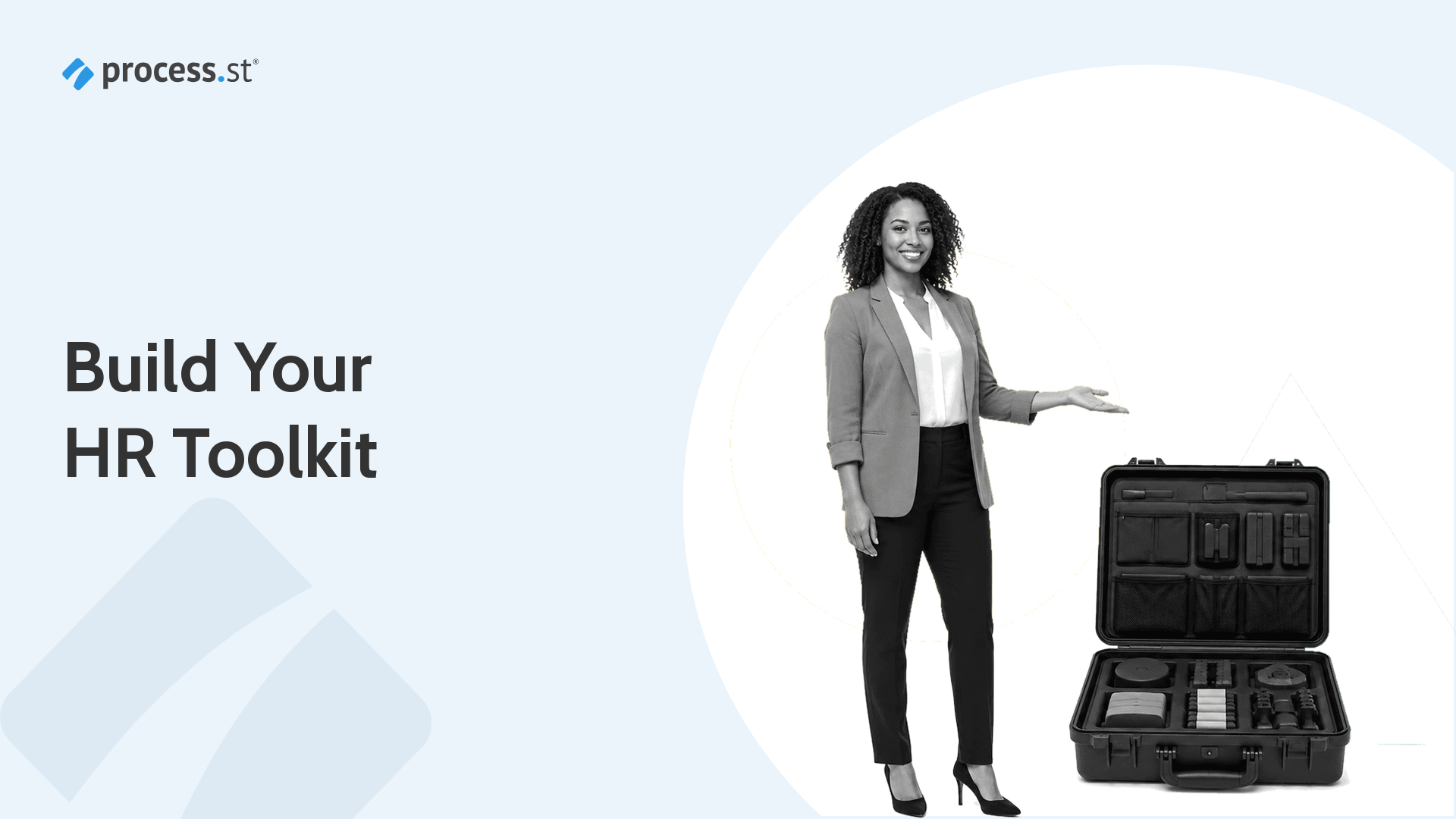 Black and white HR leader presenting a modular HR toolkit case