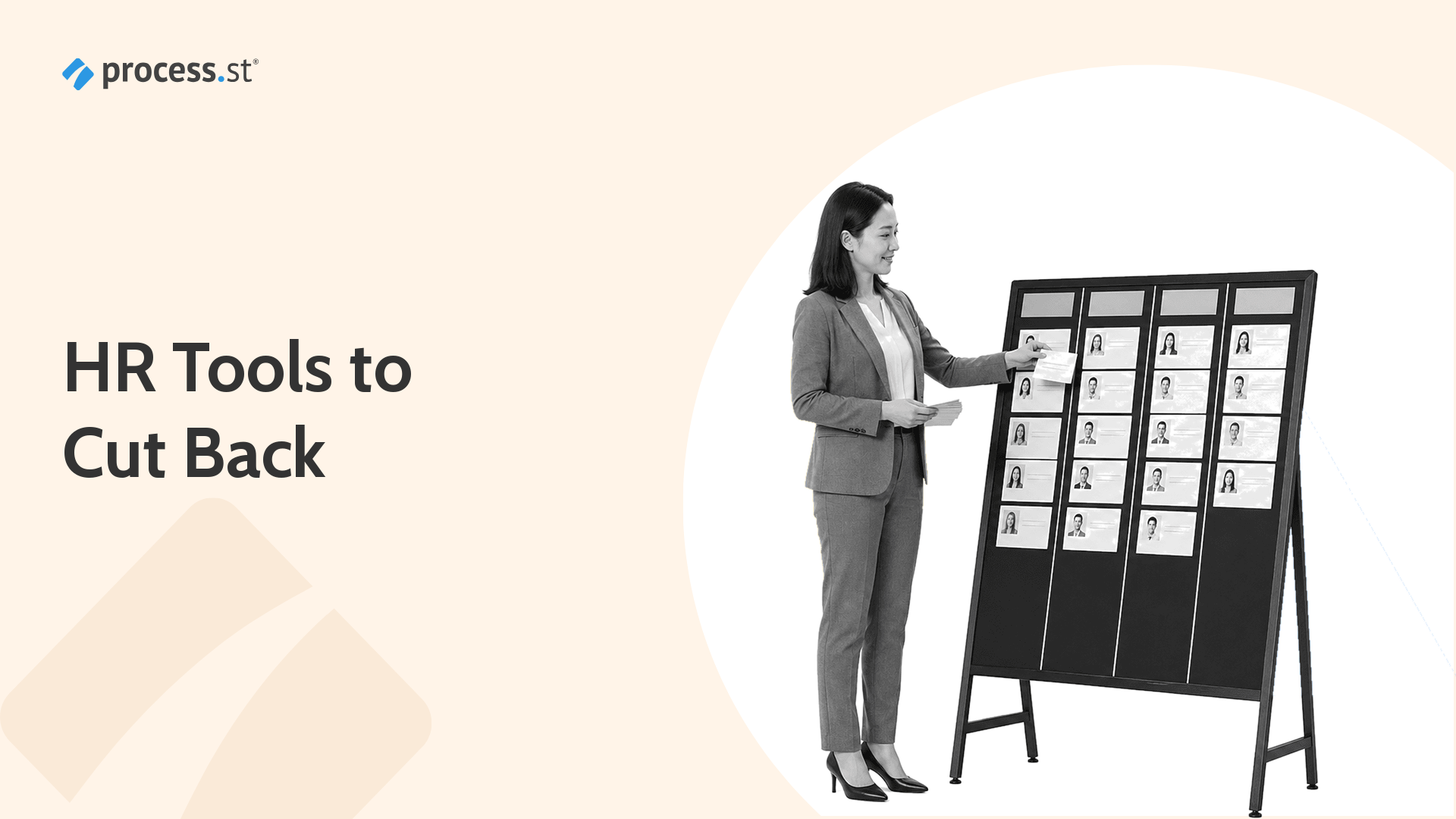 Illustration of an HR manager organizing employee profile cards on a large onboarding and scheduling board to cut back on admin work