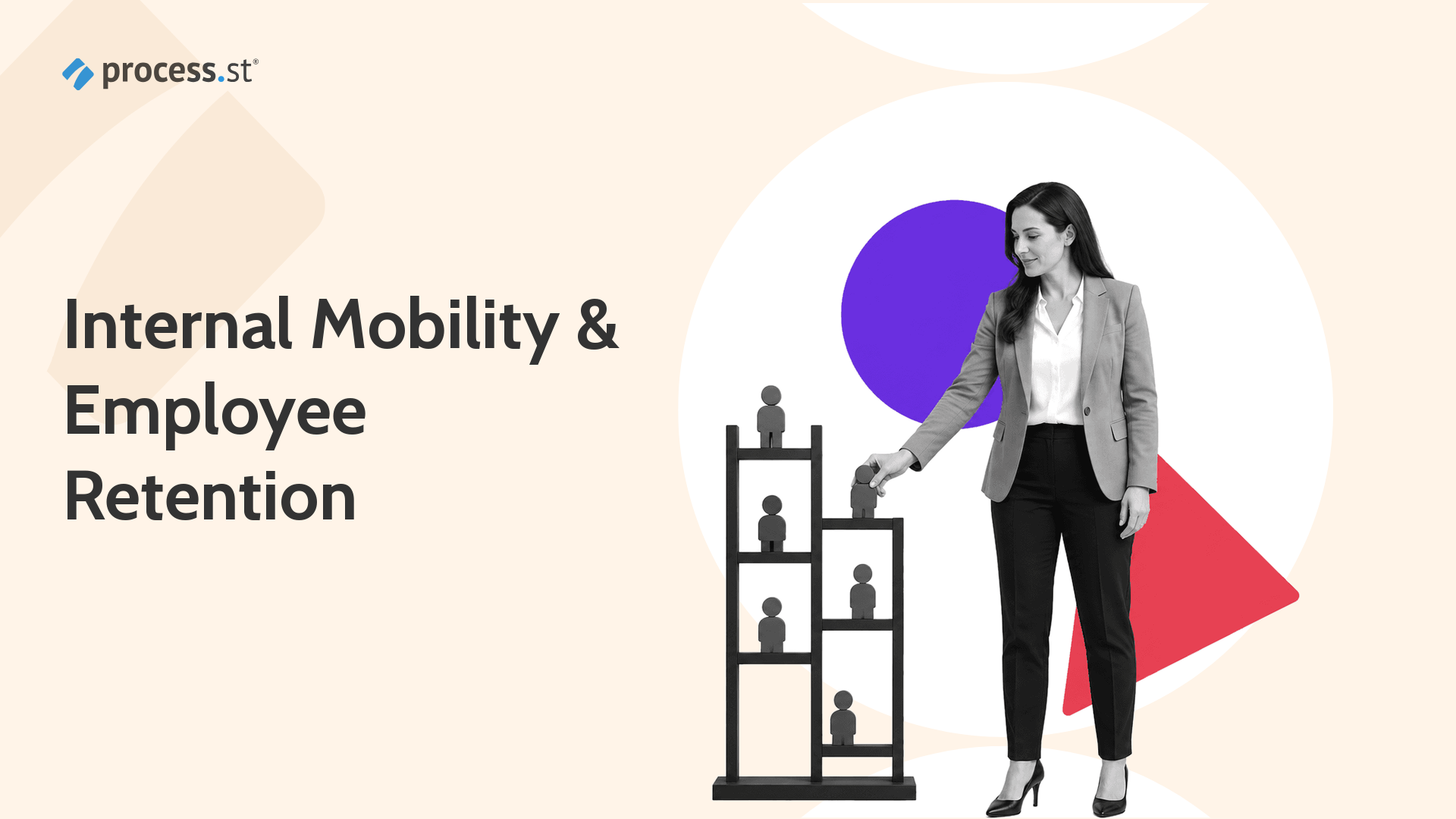 Black-and-white HR leader moving an employee token across a career ladder model for internal mobility.