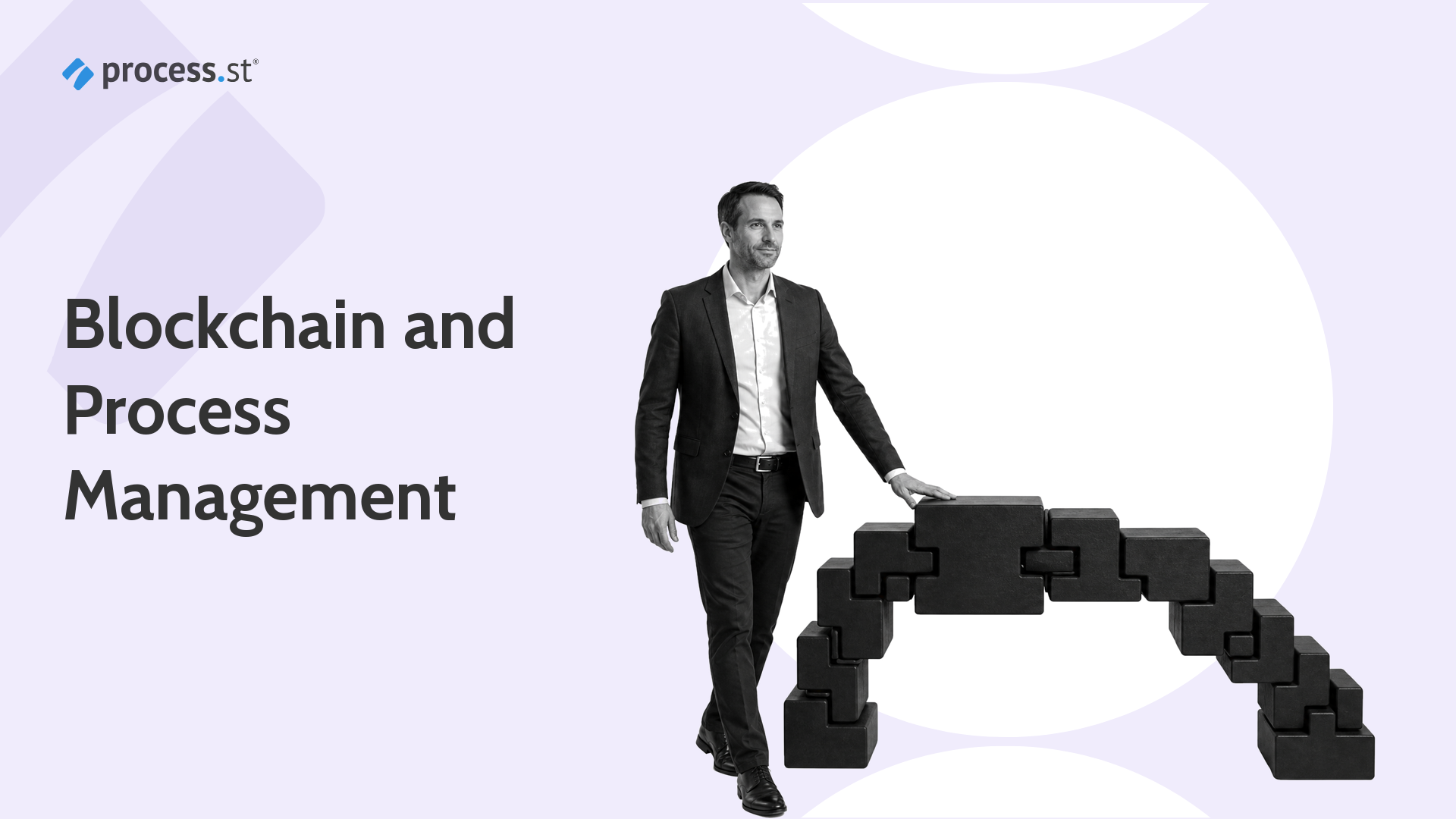 Black-and-white operations architect beside a bridge of linked ledger blocks representing blockchain and process management
