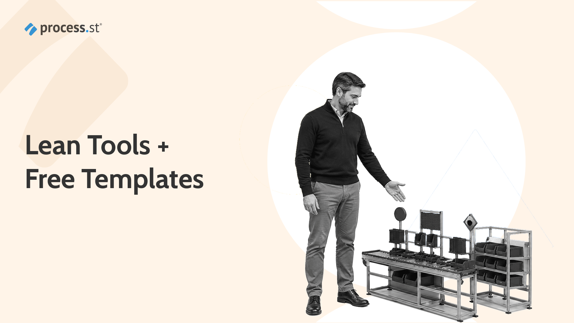 Black-and-white operations leader adjusting a miniature lean production cell model for lean tools and free templates.