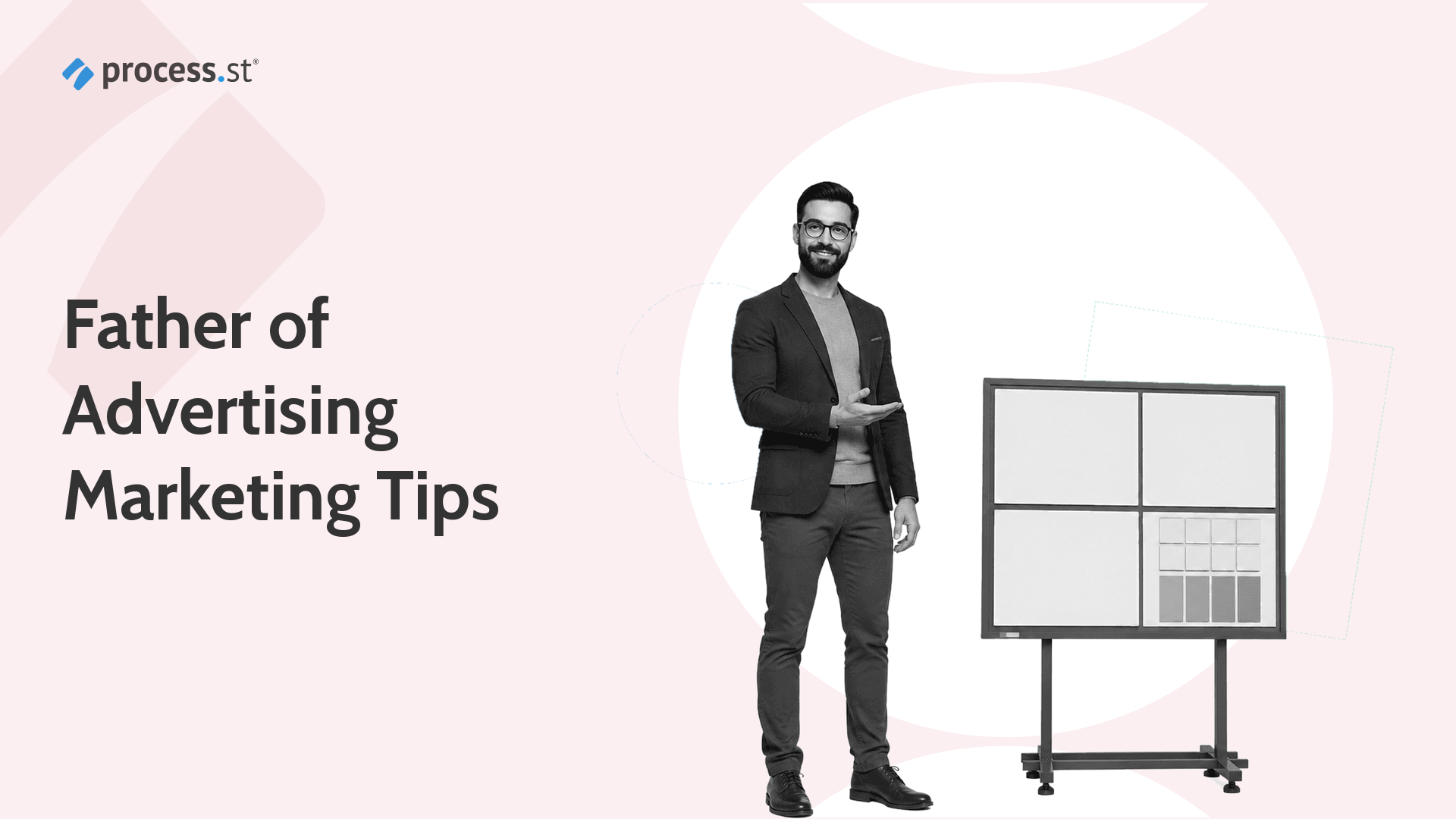 Black-and-white advertising strategist presenting a miniature billboard test board for Ogilvy marketing tips