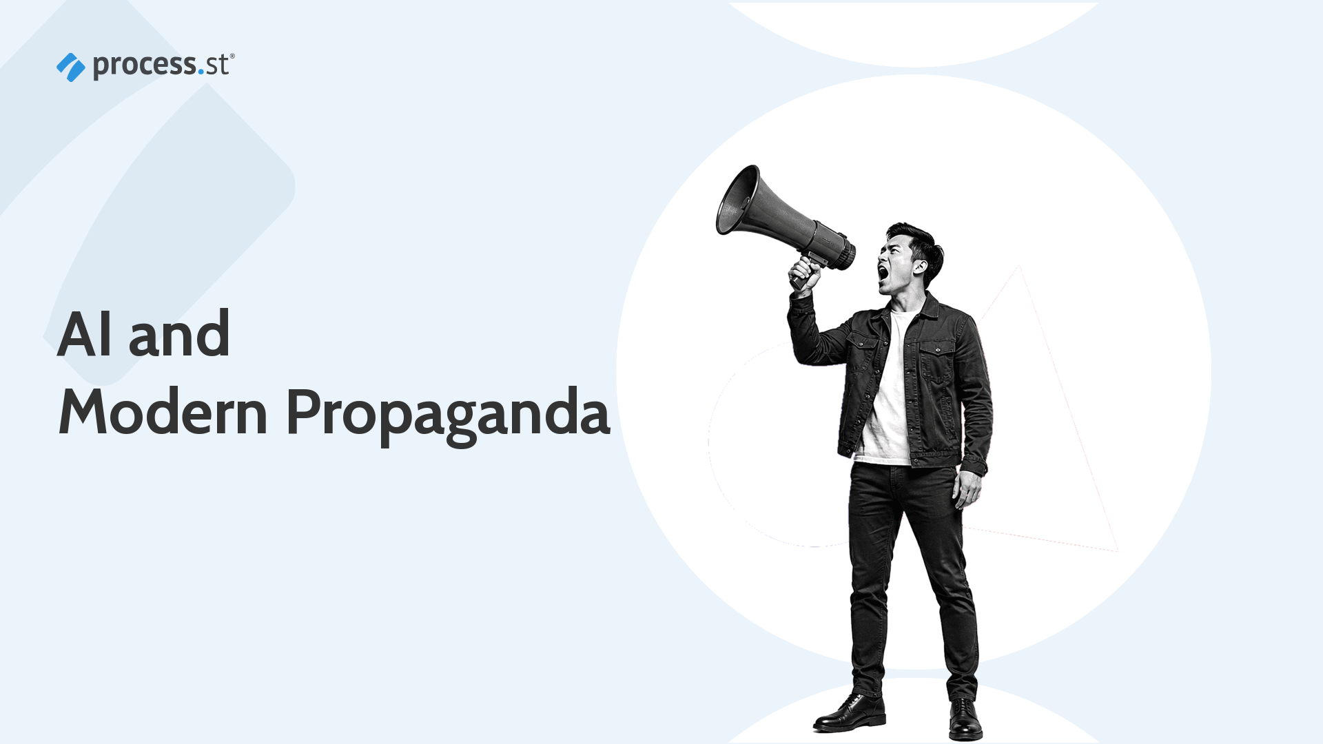 Black and white photo of a person raising a megaphone to broadcast a message, illustrating how AI and technology shape modern propaganda