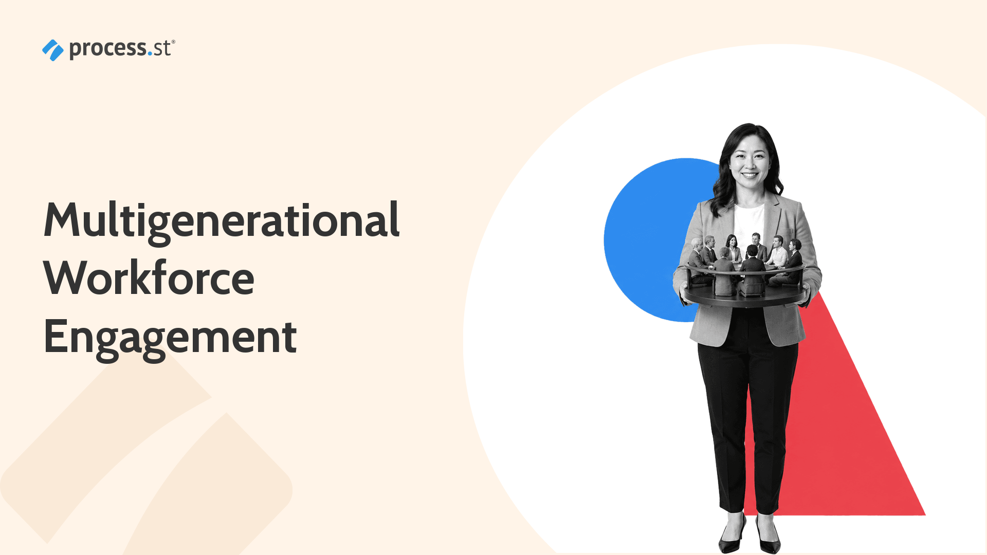 Black-and-white HR leader holding a miniature multigenerational team roundtable model.