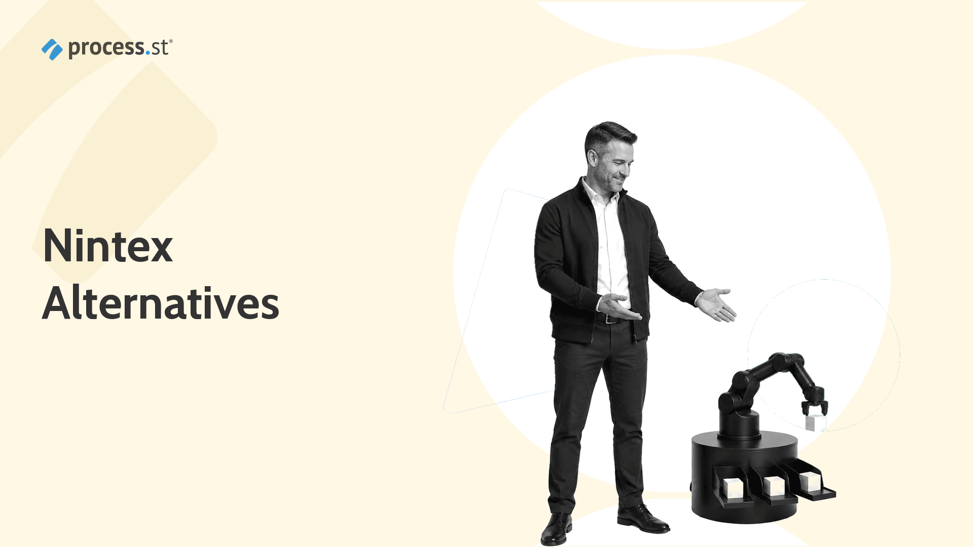 Black-and-white operations leader routing workflow blocks through a compact automation machine for Nintex alternatives.