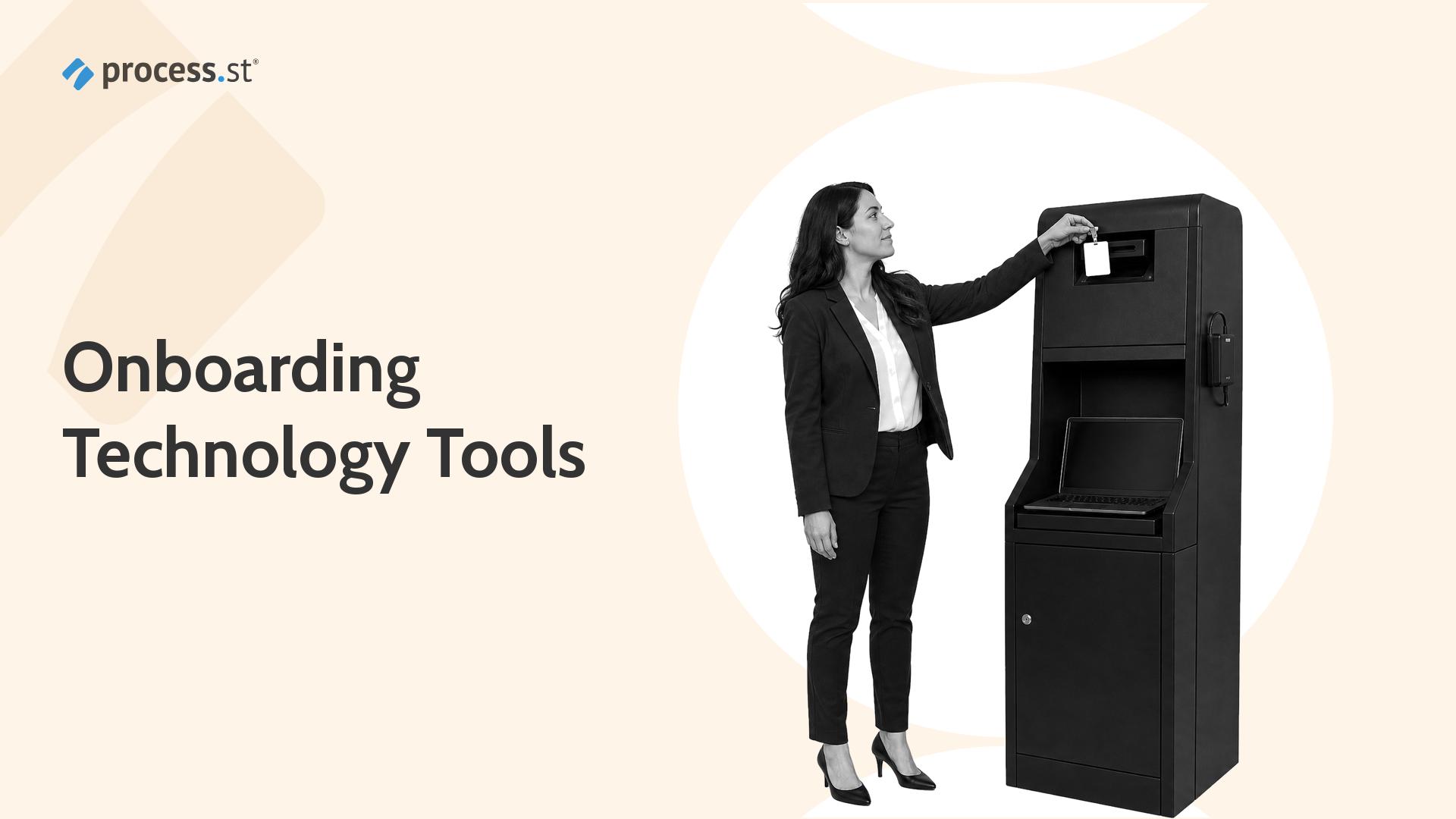 People operations lead using an onboarding technology kiosk for badge and laptop provisioning