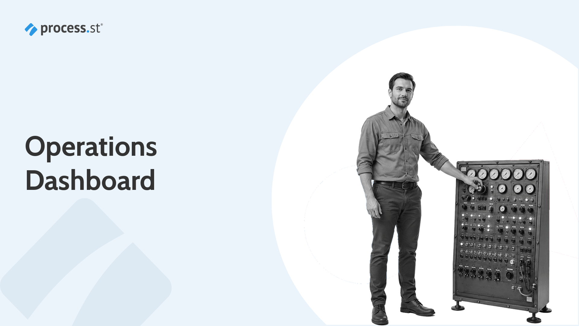 Operations dashboard hero: an operations lead beside a live control console for Process Street