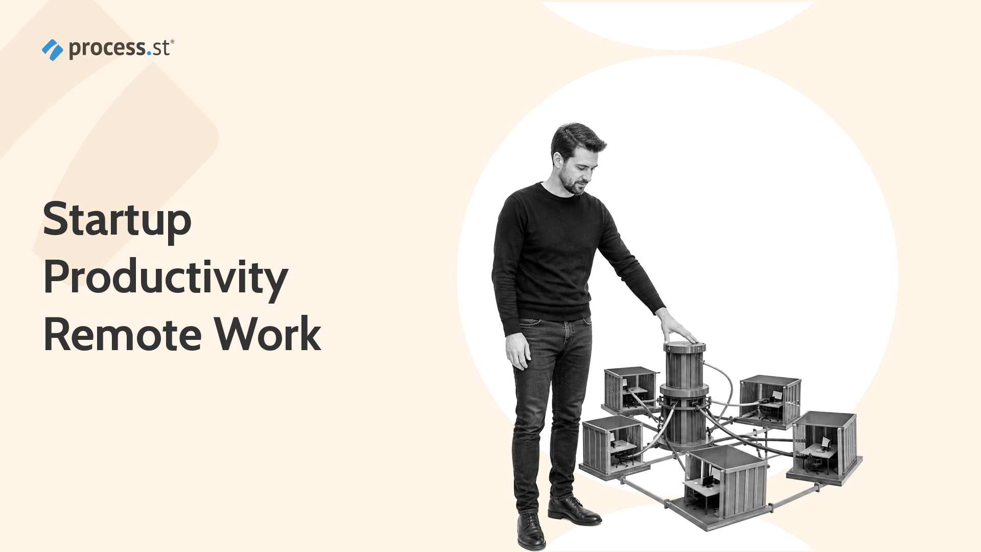 Black-and-white remote startup operator presenting a miniature distributed home-office network model for productivity and remote work.