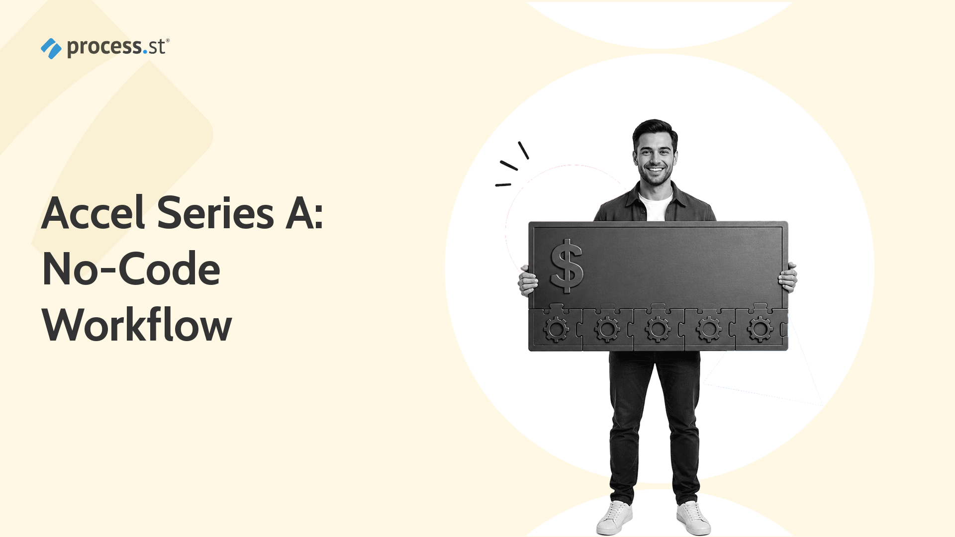Founder holding a venture funding check with connected workflow modules