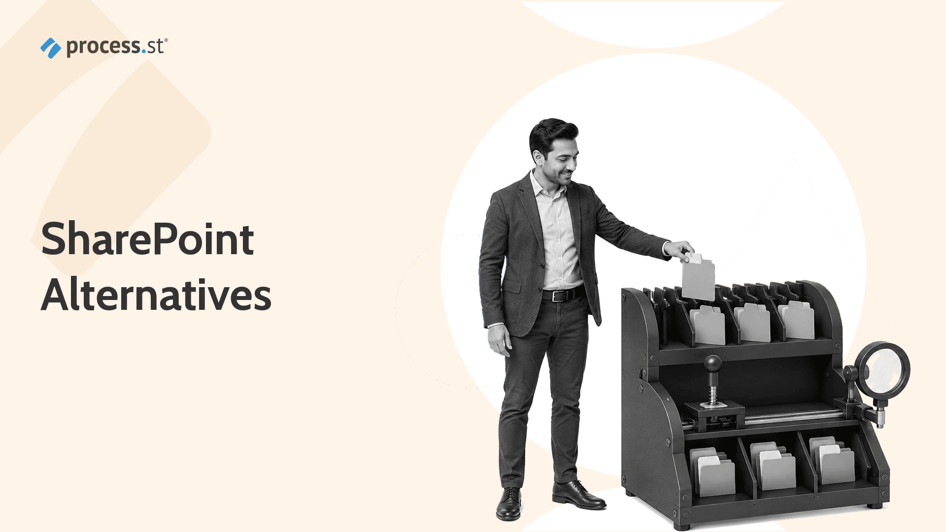 Black-and-white operator sorting documents through a miniature workflow machine for SharePoint alternatives