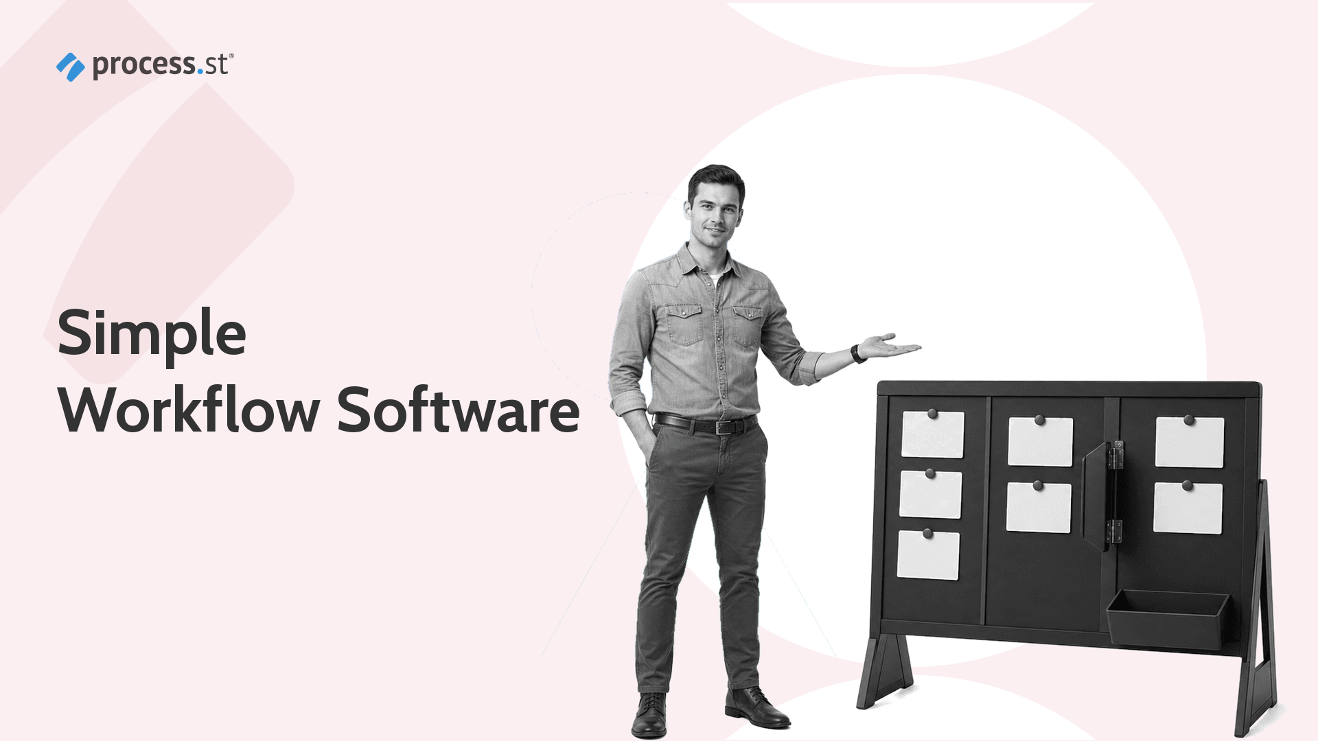 Simple workflow software guide with an operations manager pruning a tangled workflow into three clear routes