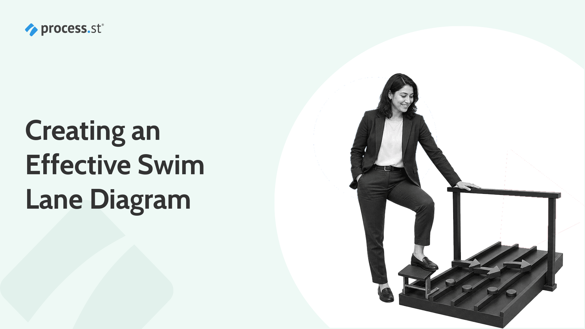 Black-and-white process analyst balancing beside a physical swim-lane handoff structure