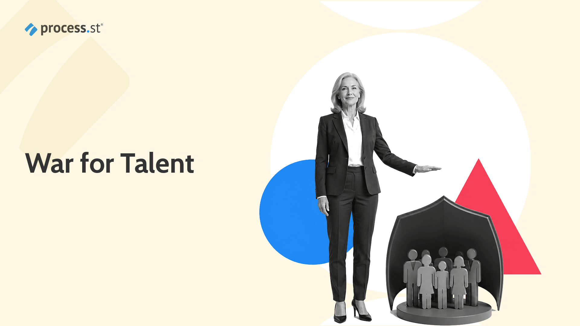 Black-and-white talent leader protecting a miniature team shield diorama for the war for talent