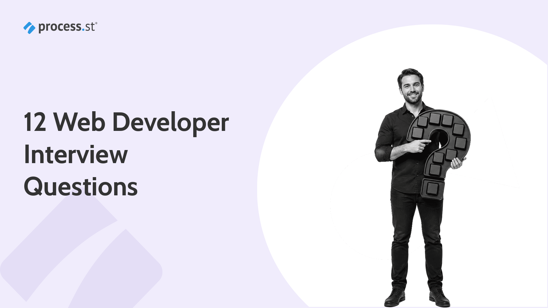 Technical hiring manager holding a question-mark-shaped coding keyboard for a web developer interview