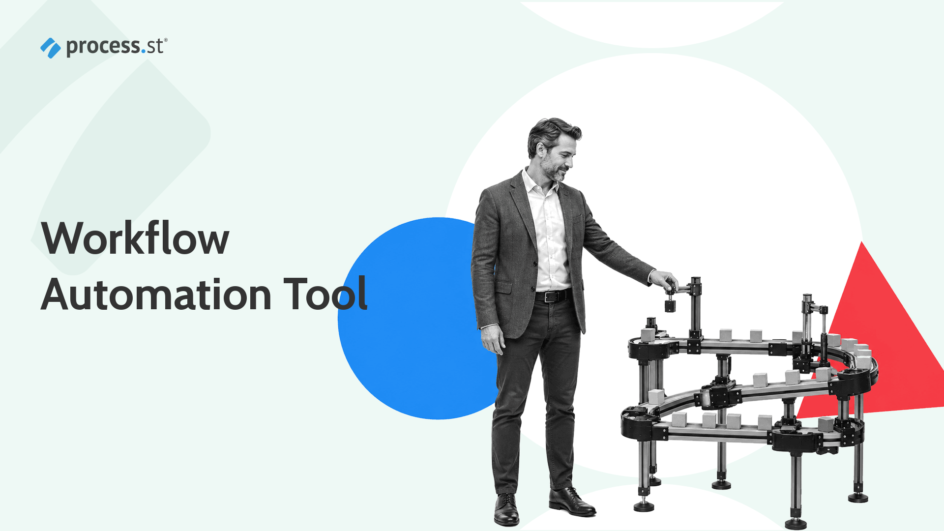 Workflow automation tool header showing an operator adjusting an automated workflow conveyor