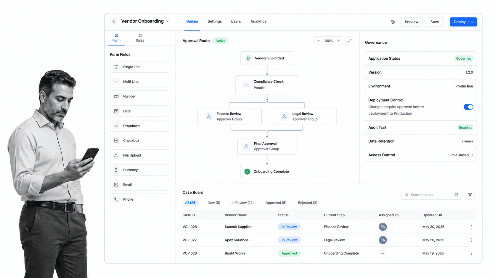 Kissflow product interface as a Bonita alternative for no-code workflow applications with centralized IT governance